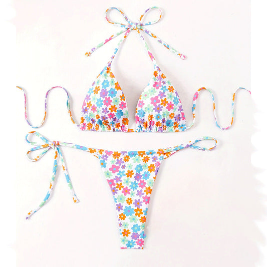 Women Bikini Floral Halter Lace up Swimsuit