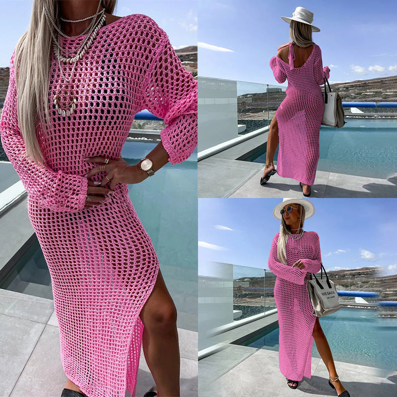Summer Vacation Beach Dress Sexy Knitted Hollow Out Cutout Out Maxi Dress Bikini Swimsuit Cover Up Crochet hook Crochet hook Crochet hook