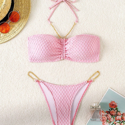 Tube Top Lace up Bikini Swimsuit Women Split Small Chest Push up Big Breasts Sexy Bikini