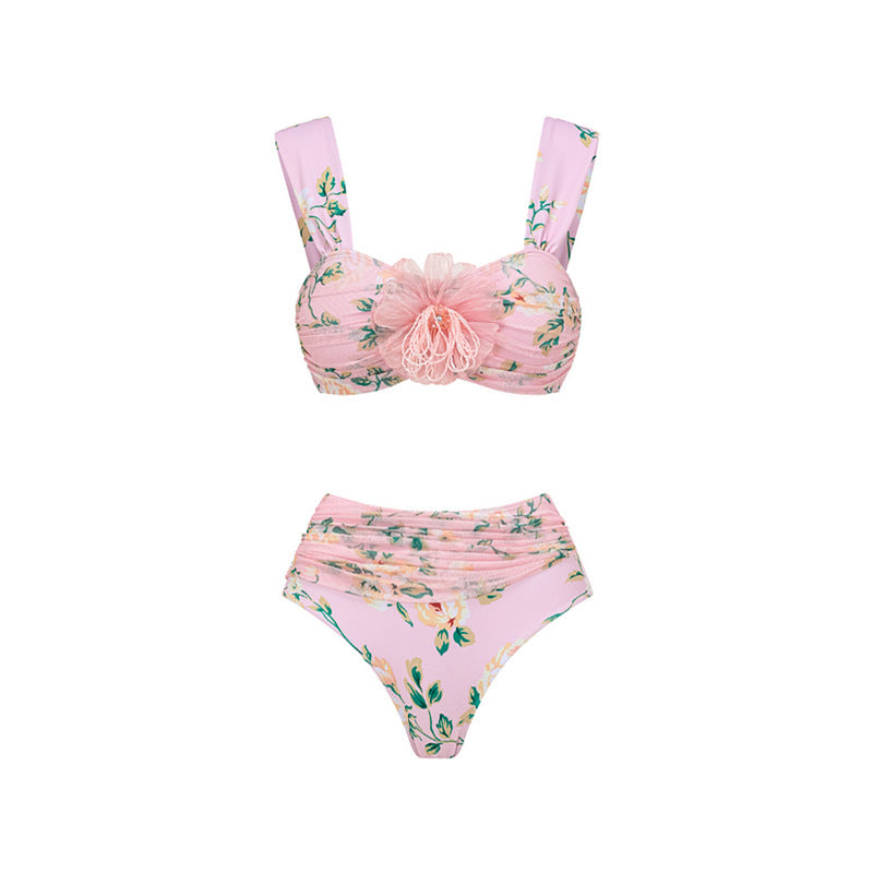 Floral Decorative Mesh Split Swimsuit Women High Waist Bikini Umbrella Skirt
