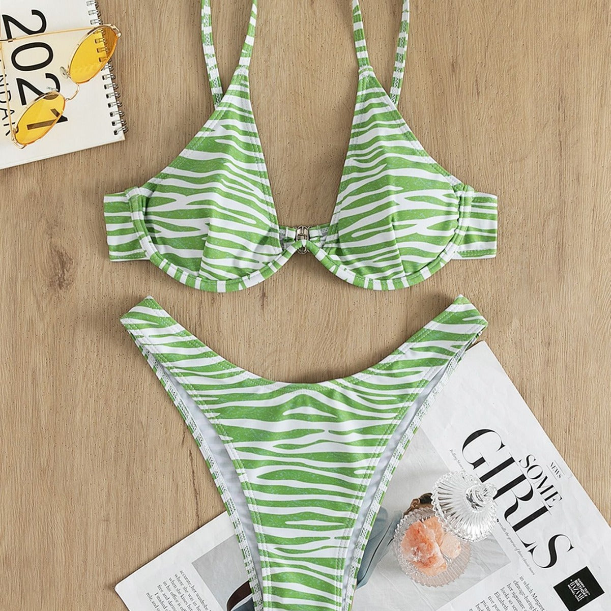 Split Striped Bikini Strap Backless Briefs Swimsuit Seaside Swimwear Women Bikini