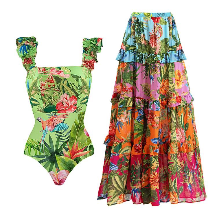 French Flying Sleeve Printed One Piece Swimsuit Women Cake Skirt
