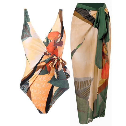 Siamese Conservative Cover Belly Backless Sexy Swimsuit Women Suit Chiffon Beach Skirt