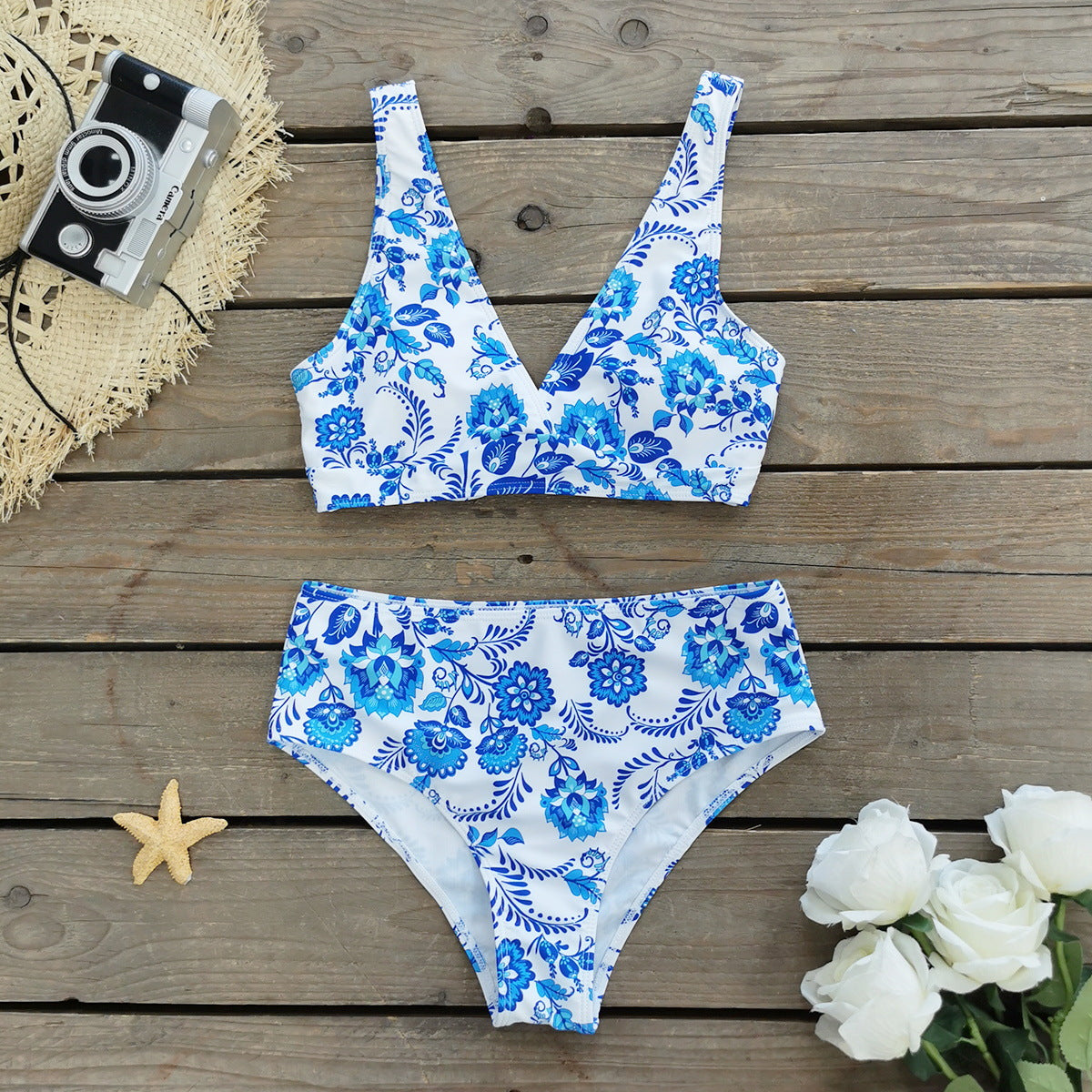 High Waist Printed Tube Top Split Swimsuit Women Beach Cover Up Three Piece Set