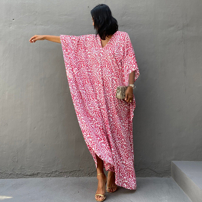 Leopard Print Long Cardigan Loose Beach Sun Protection Coat Beach Cover Up Swimsuit Outwear Women
