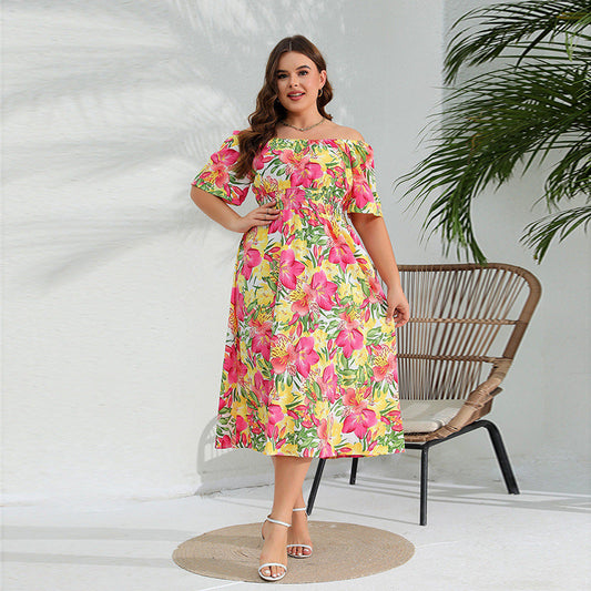 Plus Size Western off Neck Dress Elegant Floral Midi Dress Tight Waist Dress