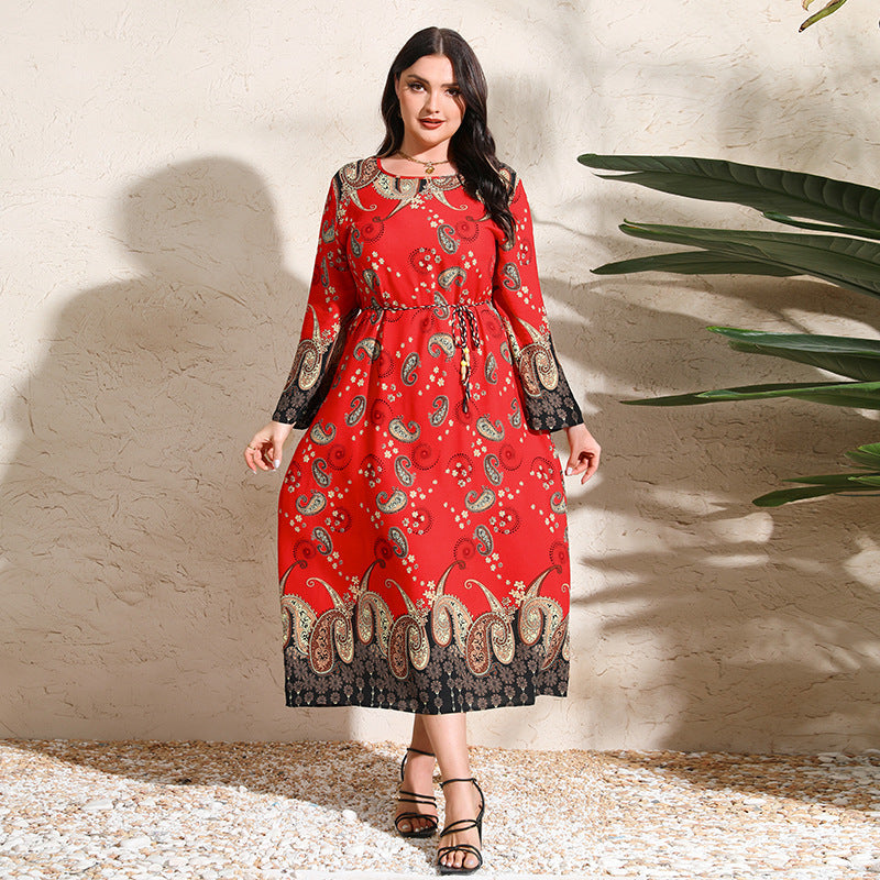 Plus Size Ethnic Loose Maxi Dress Cashew Printed Long Sleeve Dress