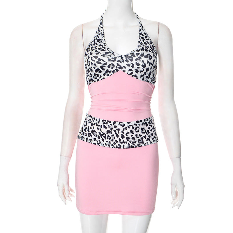 Women Clothing Spring Summer Lace up Halter Deep V Plunge neck Leopard Print Stitching Pleated Sheath Dress