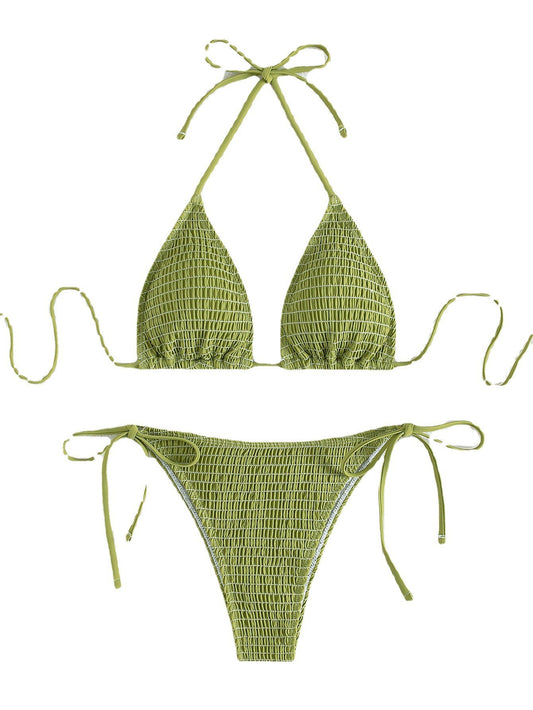 Printing Halter Spaghetti Straps Sexy Bikini Pleated Lace up Triangle Spring Split Swimsuit