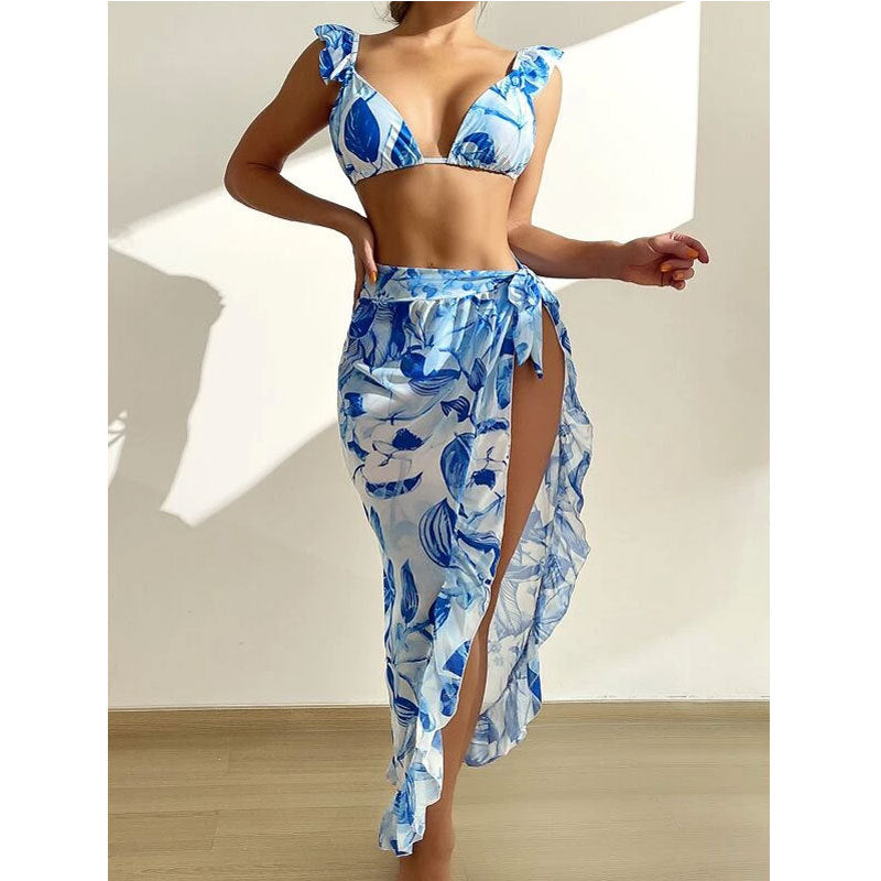 Women Clothing Sexy Bikini Ruffled Tied Apron Three Suits Swimsuit Tie Dye