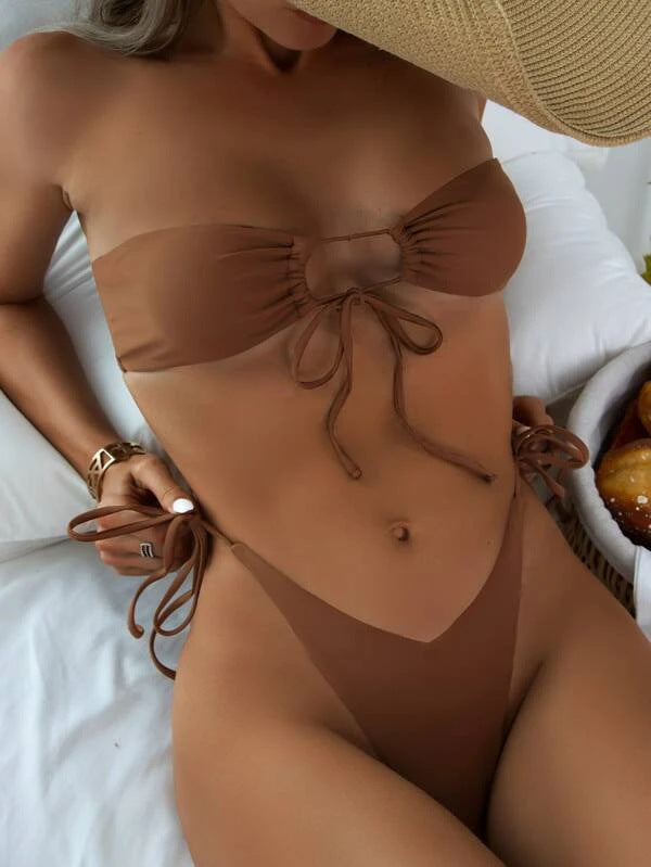 Women Seperated Swimwear Low Waist Basic Strapless Solid Color Tube Top Sexy Bikini