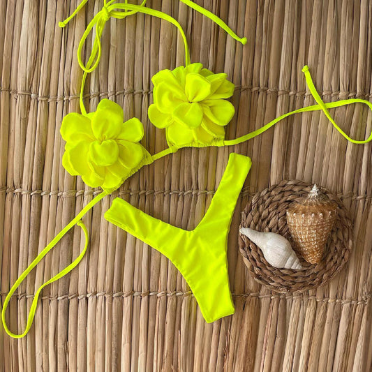Three Point Three Dimensional 3D Floral Low Waist Bikini Sexy Split Swimsuit Women