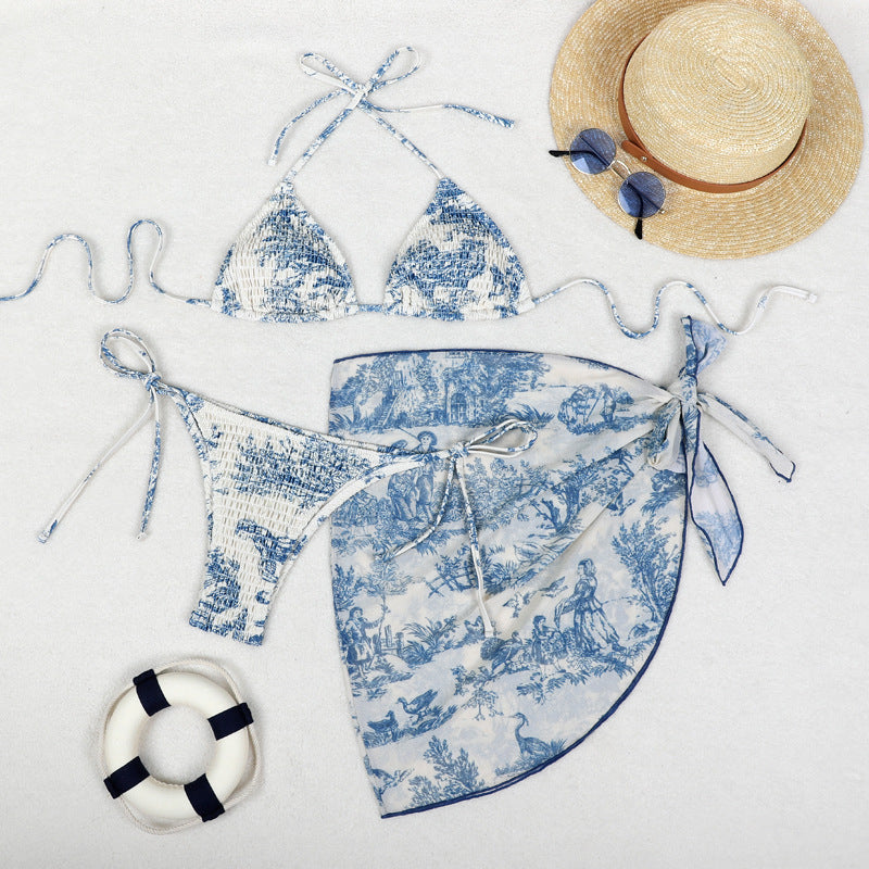 Printed Bikini Three Piece Gauze Skirt Split Sexy Vacation Bikini Swimsuit