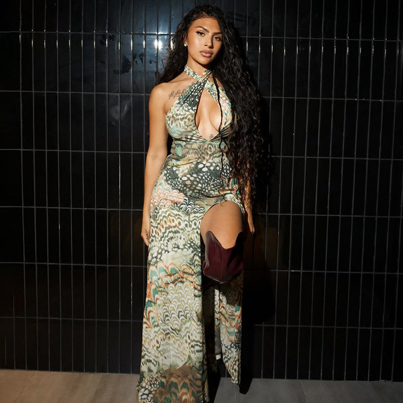 Women Clothing Elegant Halter Deep V Plunge neck Backless Waist Tight Slit Dress Abstract Printing Dress Women
