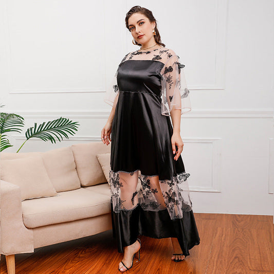 Plus Size French Royal Mesh Stitching Lace Girls Wearable Mid-Length Dress Ogen Mesh Banquet Dress