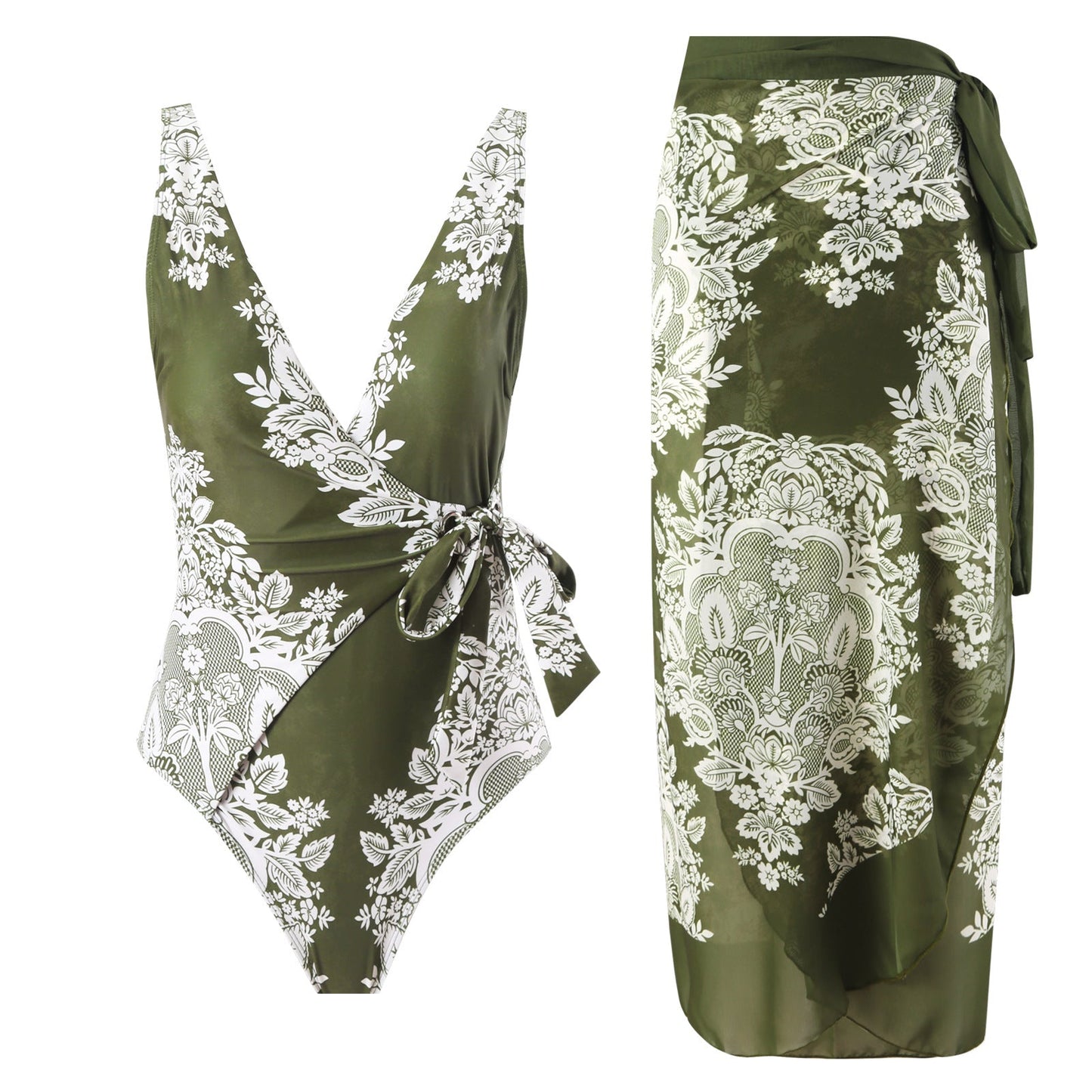 Gathering Belly Covering Sexy High Waist Bikini Split Swimsuit Set Chiffon Dress