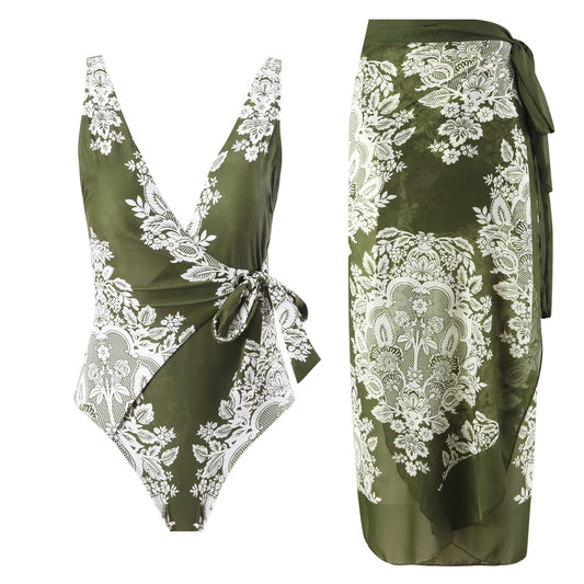 Gathering Belly Covering Sexy High Waist Bikini Split Swimsuit Set Chiffon Dress