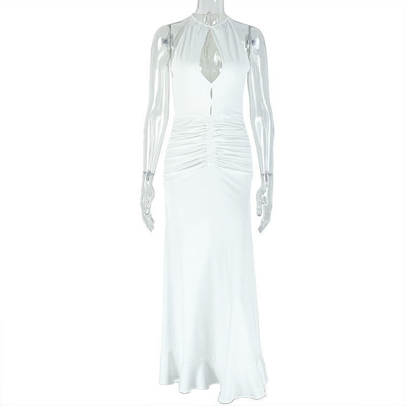 Women Clothing Pleated Sexy Cutout Hip Slim Fit Turtleneck Sleeveless Solid Color Length Dress