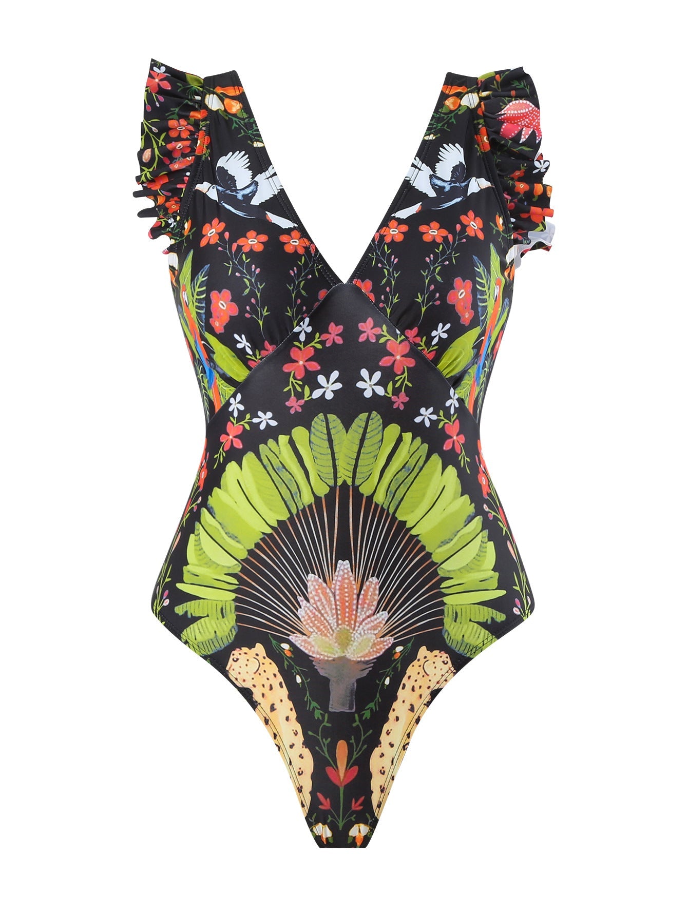 One Piece Women Printed Swimsuit Covering Belly Thin Flying Gauze Skirt Conservative Swimwear Women