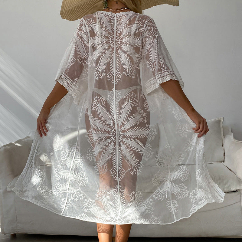 Swimwear Coat Sunscreen Strap Sexy Cutout Cardigan Mid Length Outer Match Embroidered Beach Beach Cover Up