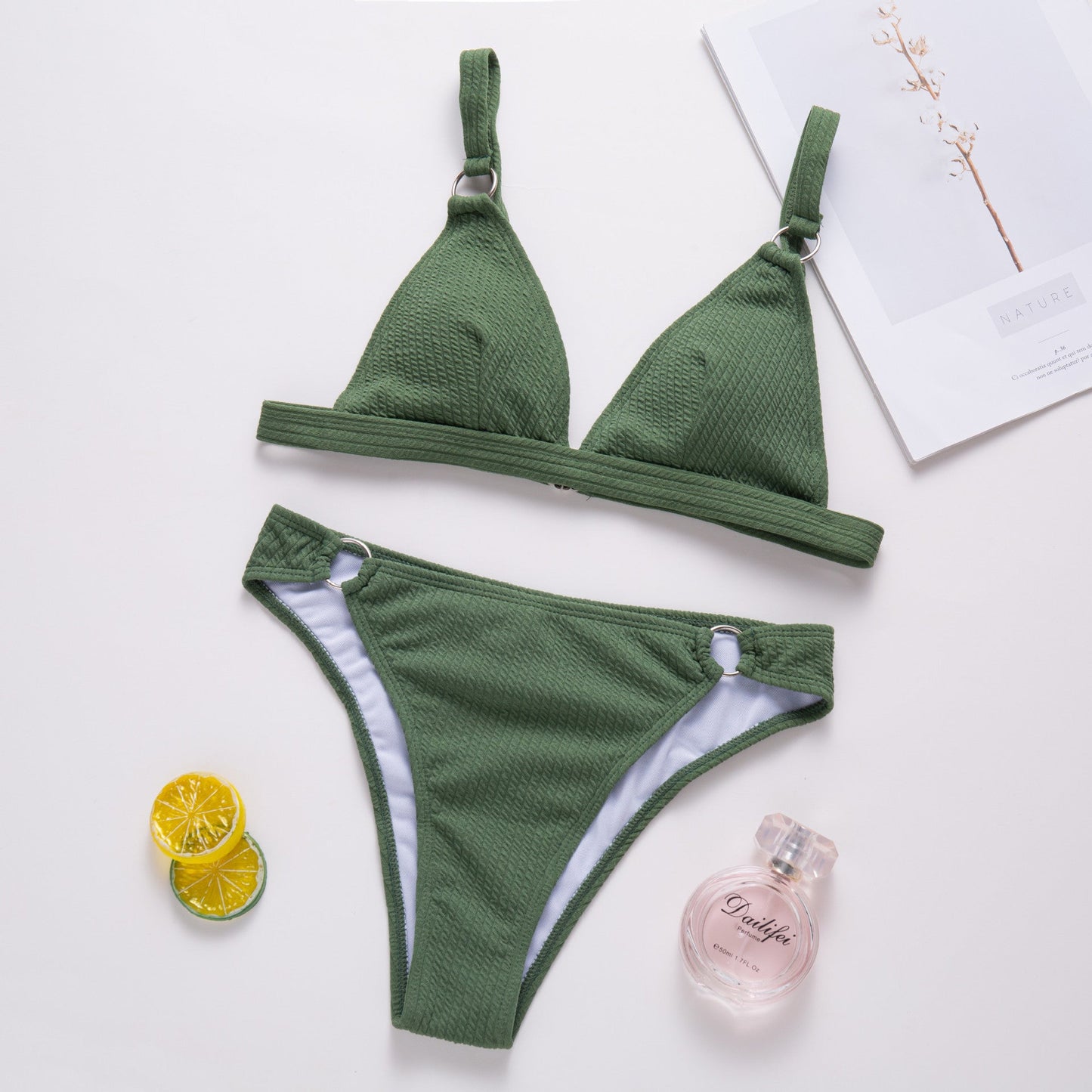 Women Swimwear Solid Color Sexy Bikini Triangle Strap Backless Split Swimsuit