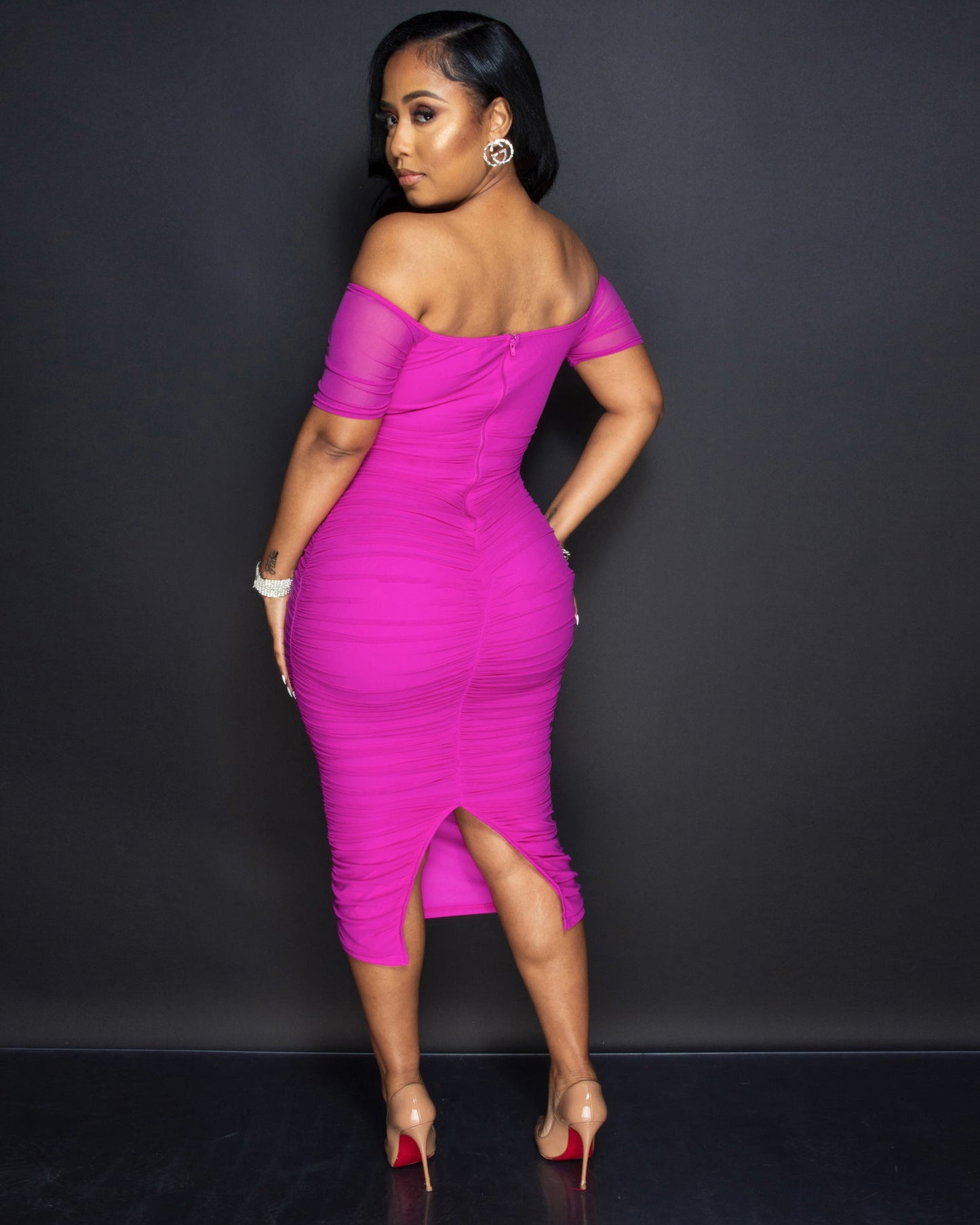 Women Clothing Nightclub Uniforms Mesh Pleats Split off-Shoulder Sexy Dress