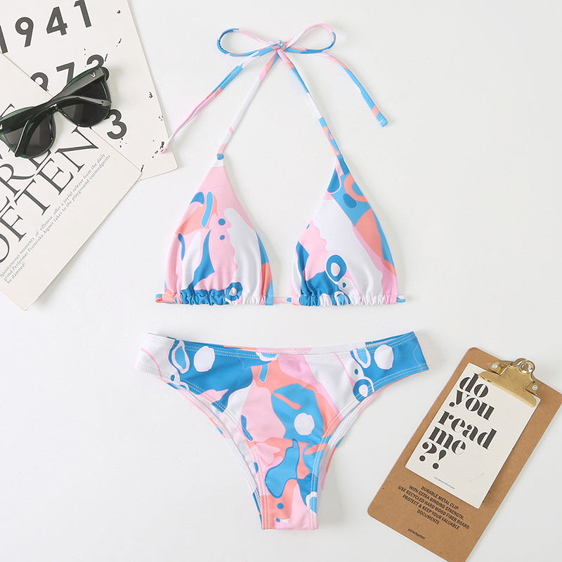 Women Split Sexy Digital Printing Lace up Bikini Swimsuit Swimwear Beach Swimwear