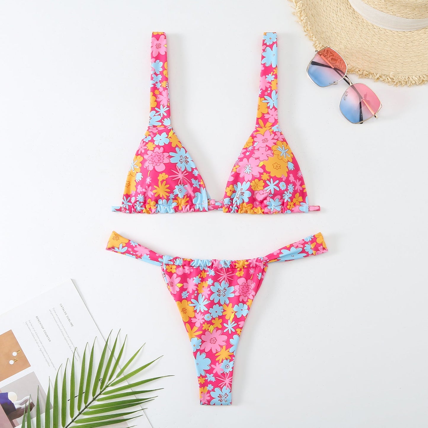 Swimsuit Women Printed Lace up Sexy Backless Split Swimsuit Floral Three Point Bikini