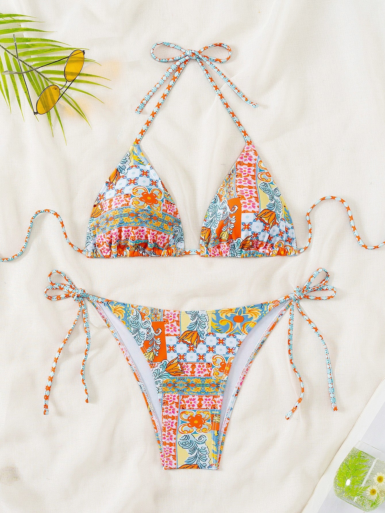 Bikini Triangle Cup Printed Lace up Sexy Bikini Swimsuit Swimwear Women