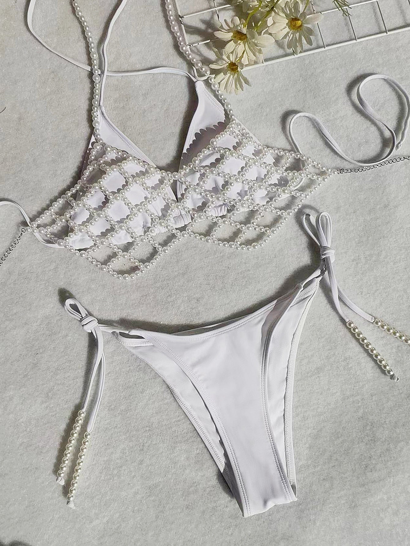 Pearl Chain Tied Swimsuit Women Sexy Bikini Advanced Split Three Piece Set