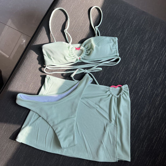 Sunken Stripe Solid Color Three Piece Swimsuit Bikini Bikini