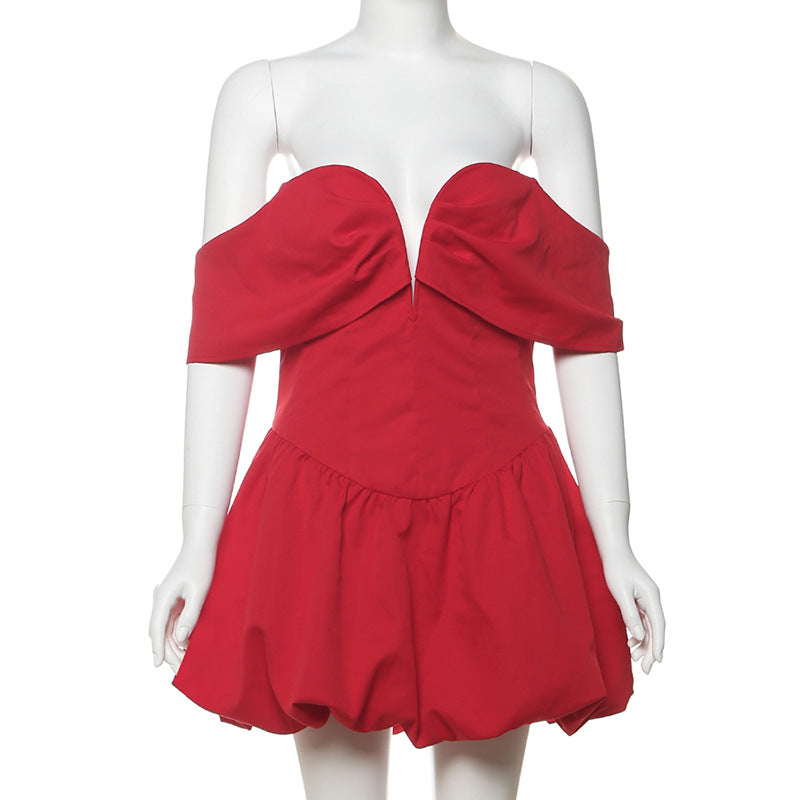 Winter Women Clothing Elegant off Neck High Class Elegant Solid Color Puffy Short Dress for Women