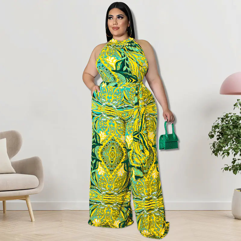Plus Size Women's Sleeveless Summer Jumpsuit with Sash