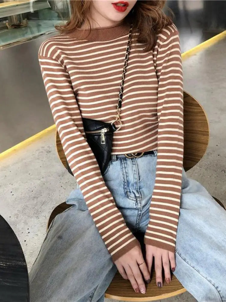 Mock Neck Pullover Long Sleeve Casual Striped Knitted Sweaters