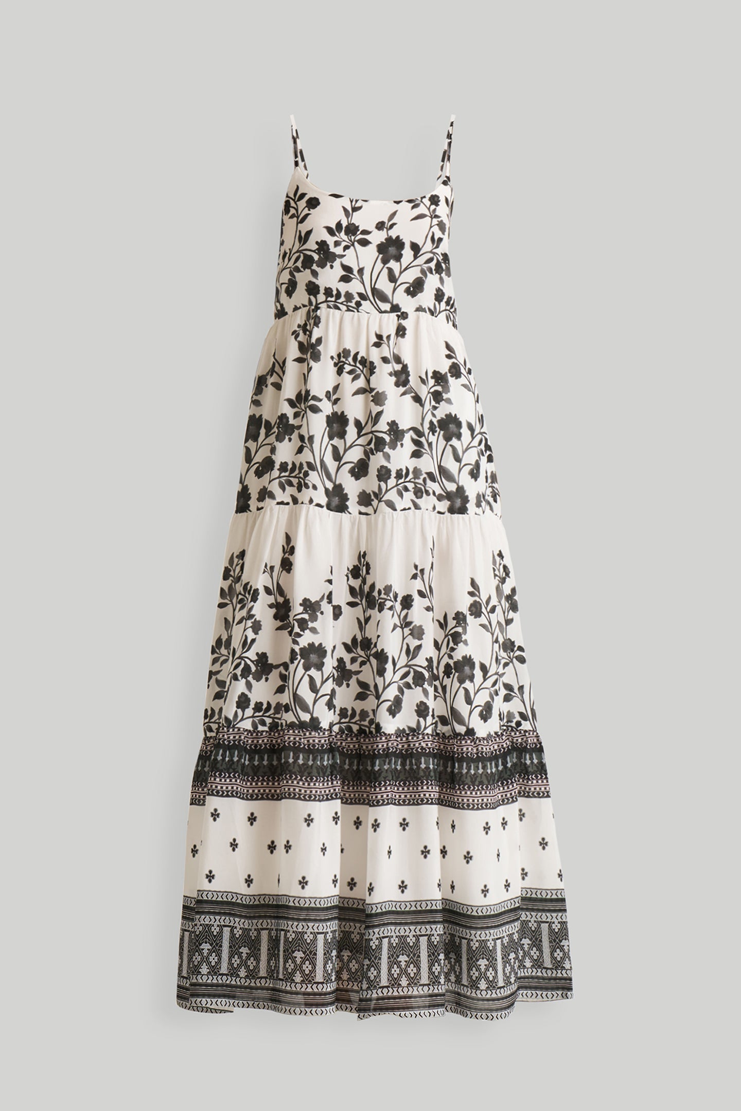 Robe longue à bretelles et volants à fleurs