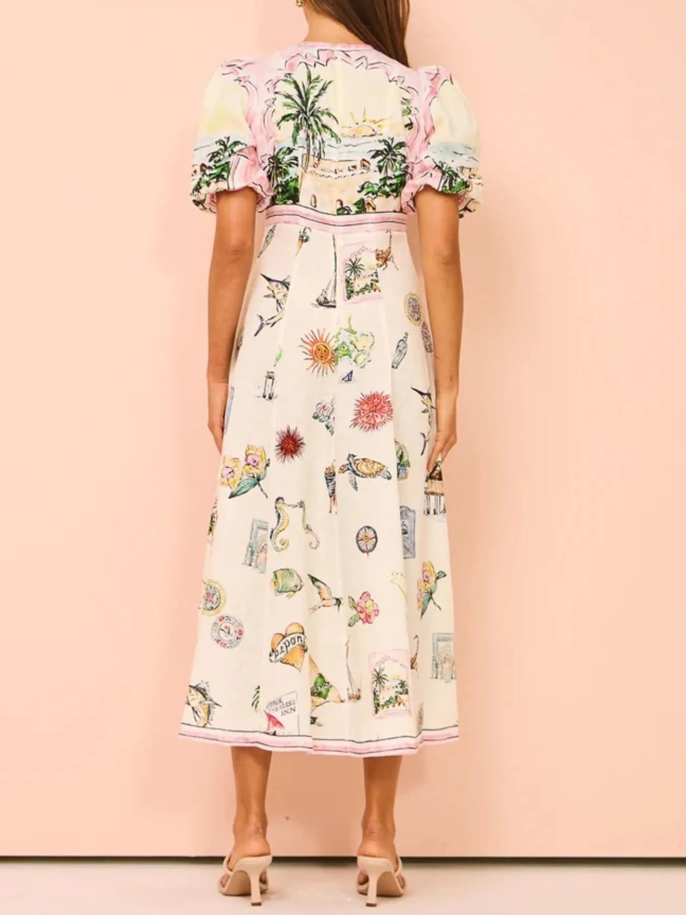 Printed Round Neck Puff Sleeve Midi Dress