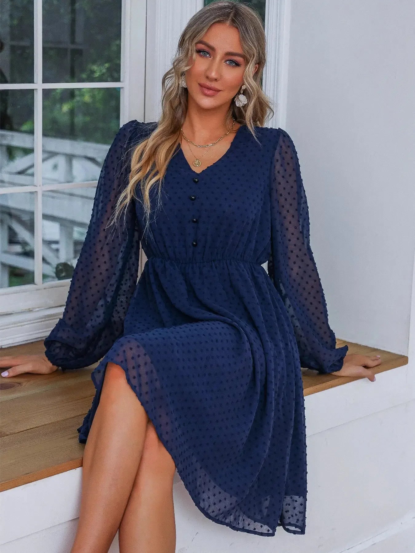 Swiss Dot V-Neck Balloon Sleeve Dress