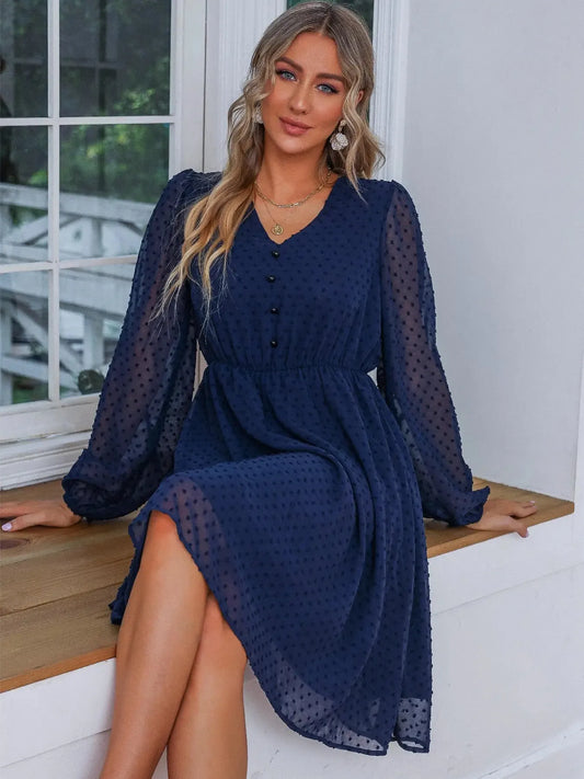 Swiss Dot V-Neck Balloon Sleeve Dress