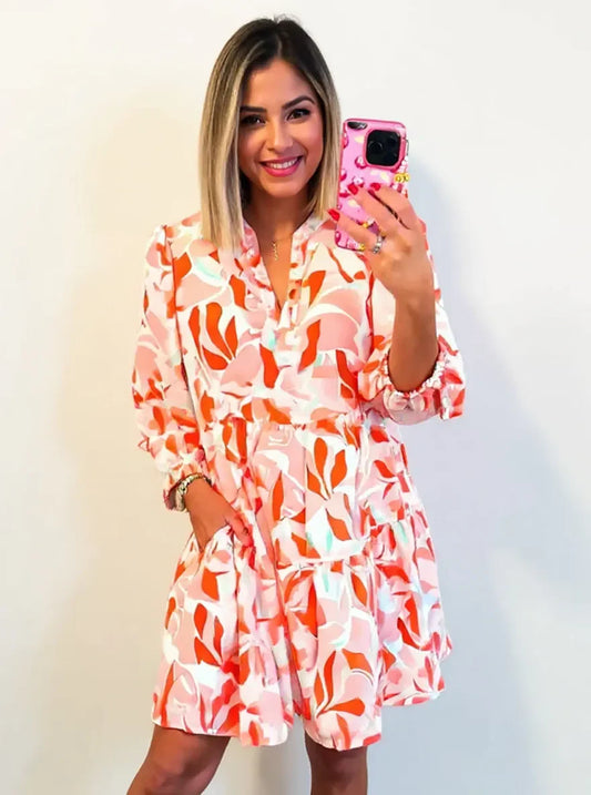 Printed Notched Long Sleeve Dress