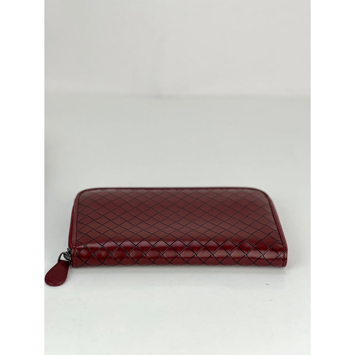 Bottega Veneta Burgundy Intrecciato Zip Around Leather Wallet Clutch