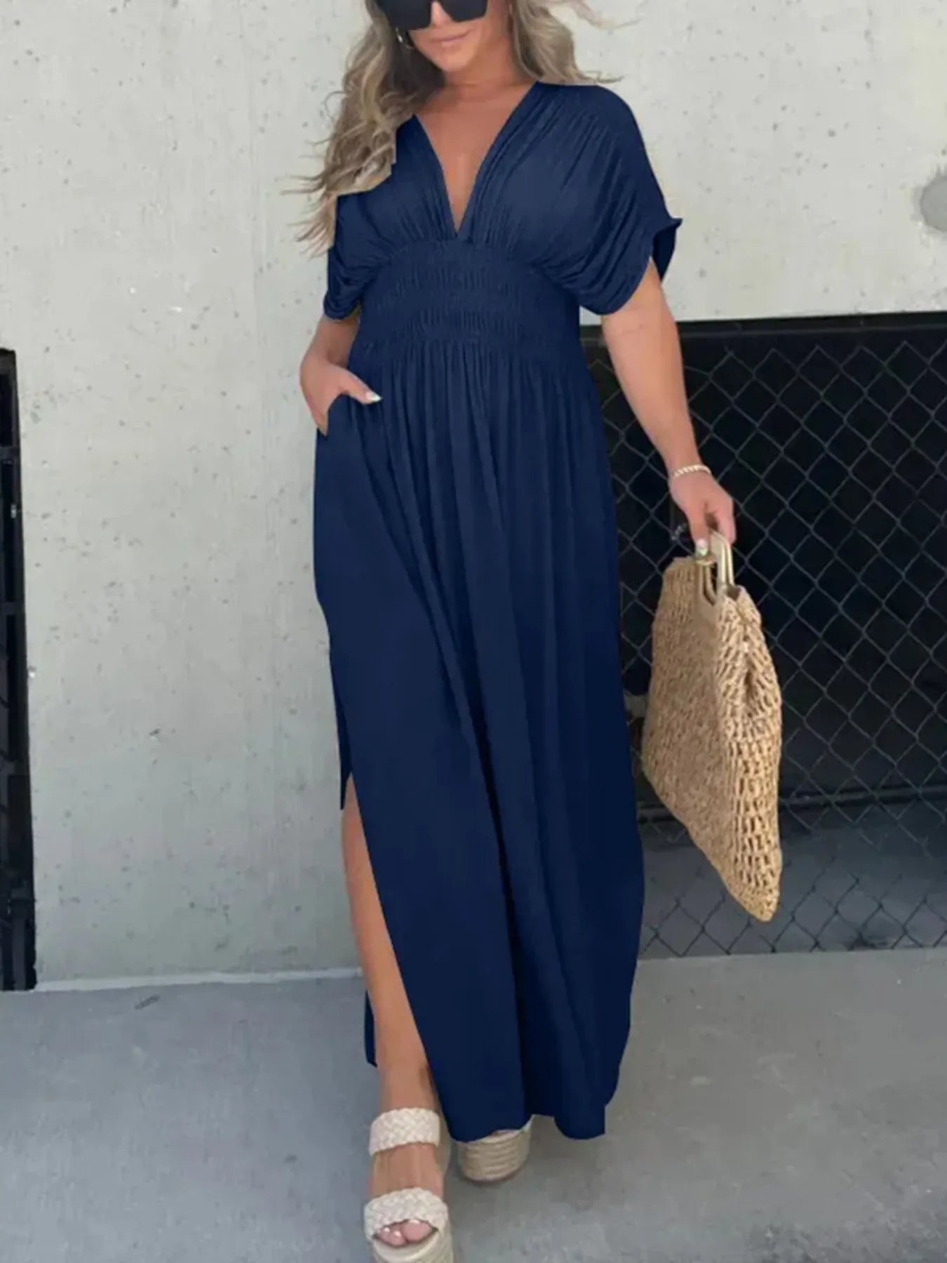 Deep V-Neck Maxi Dress with Side Slit Plus Size