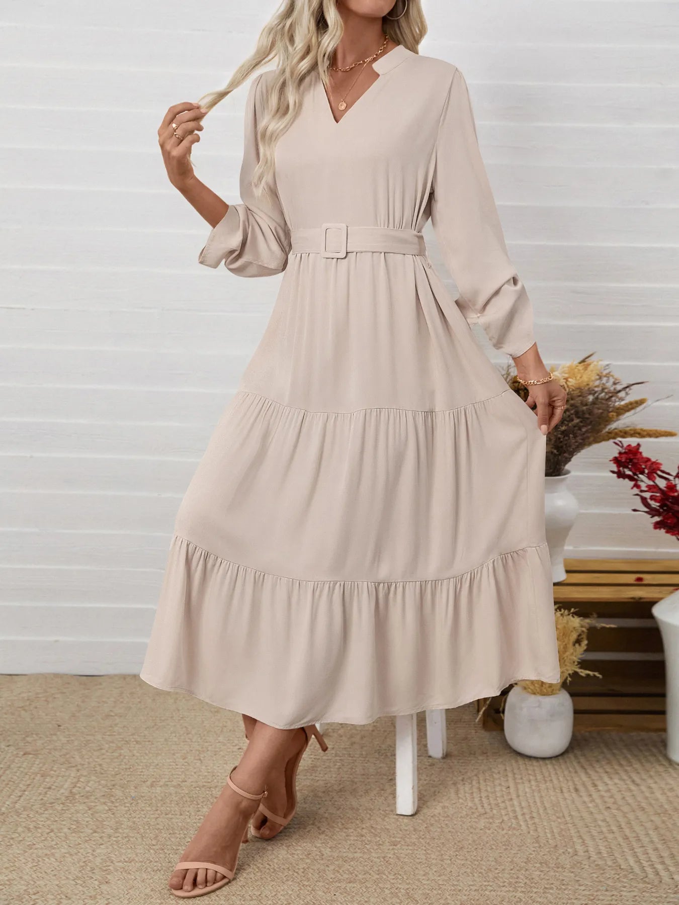 Tiered Notched Belted Midi Dress