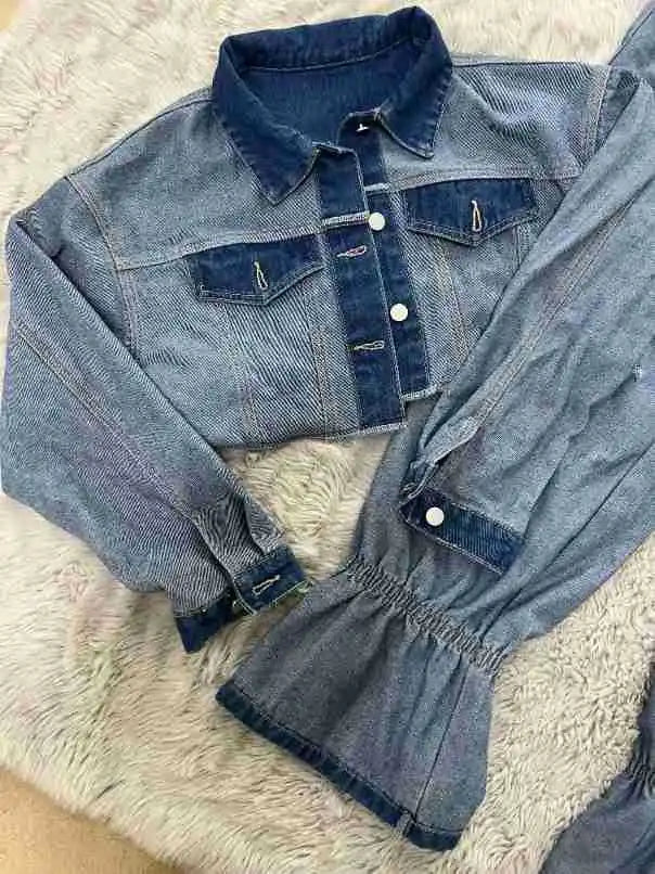 Denim Pant Set Women Two Piece Sets Turn Down Collar Mom Jeans Loose Casual Tops Wide Leg Long Pants High Waist Y2k Streetwear