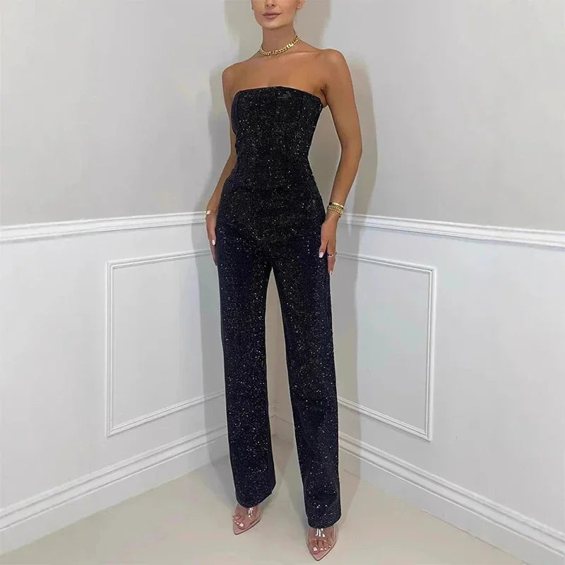 CPSYMYM Rhinestones Denim Vest Jeans Set Women Sexy Slim Sleeveless Strapless Empire Waist Zipper Pocket Pencil Trouser  Summer
