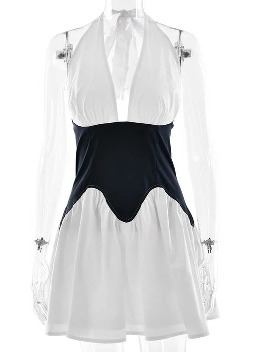JULISSA MO Patchwork Sexy Deep V-neck Denim Mini Dress Women White Backless Halter Dress Summer Slim Elegant Party Club Outfits