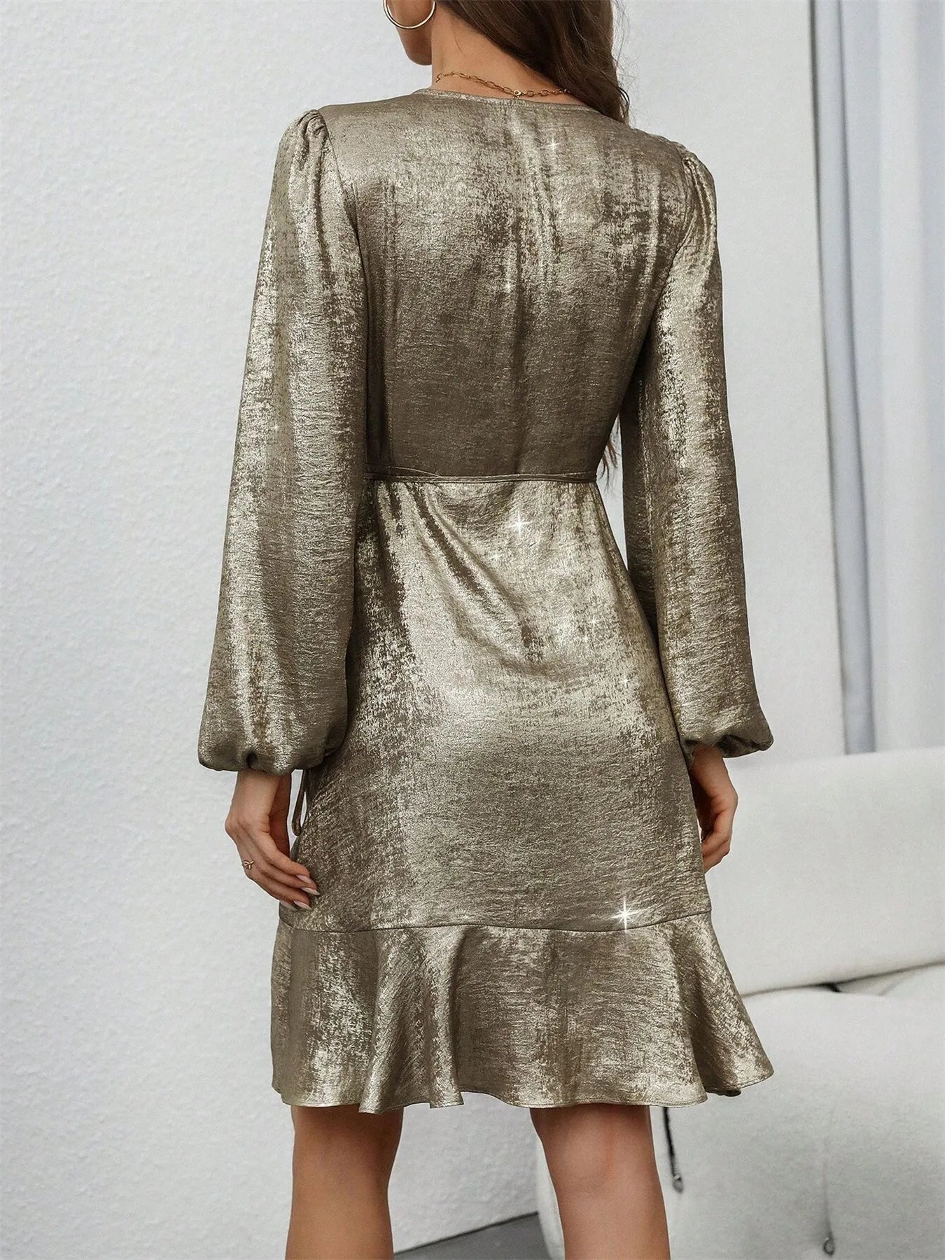 Ruffled Hem Surplice Long Sleeve Dress