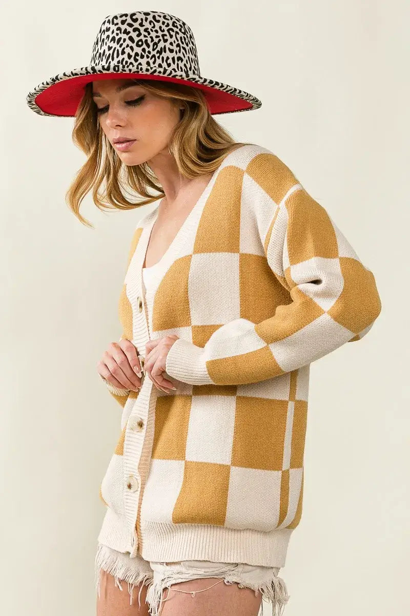 BiBi Checkered V Neck Cardigan Mustard Cream Pattern