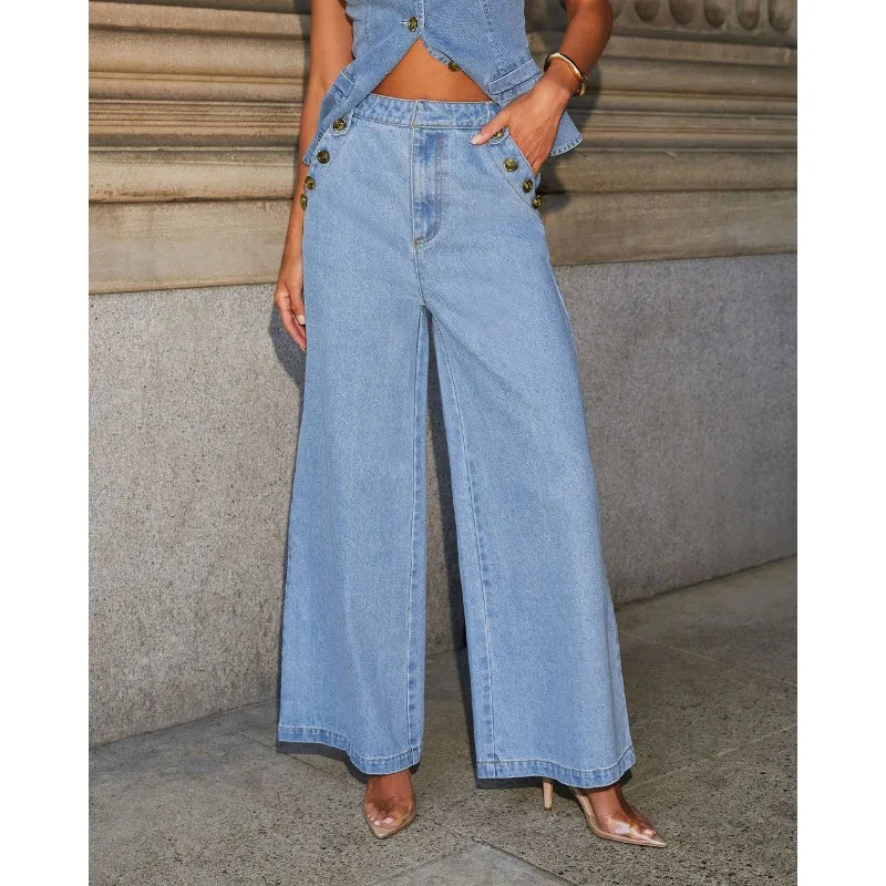 KADUWAKI Slim Denim Waistcoat Jeans 2pc Women Elegant Single Breasted O Neck Vest Wide Leg Pants Spring Lady High Street Outfits