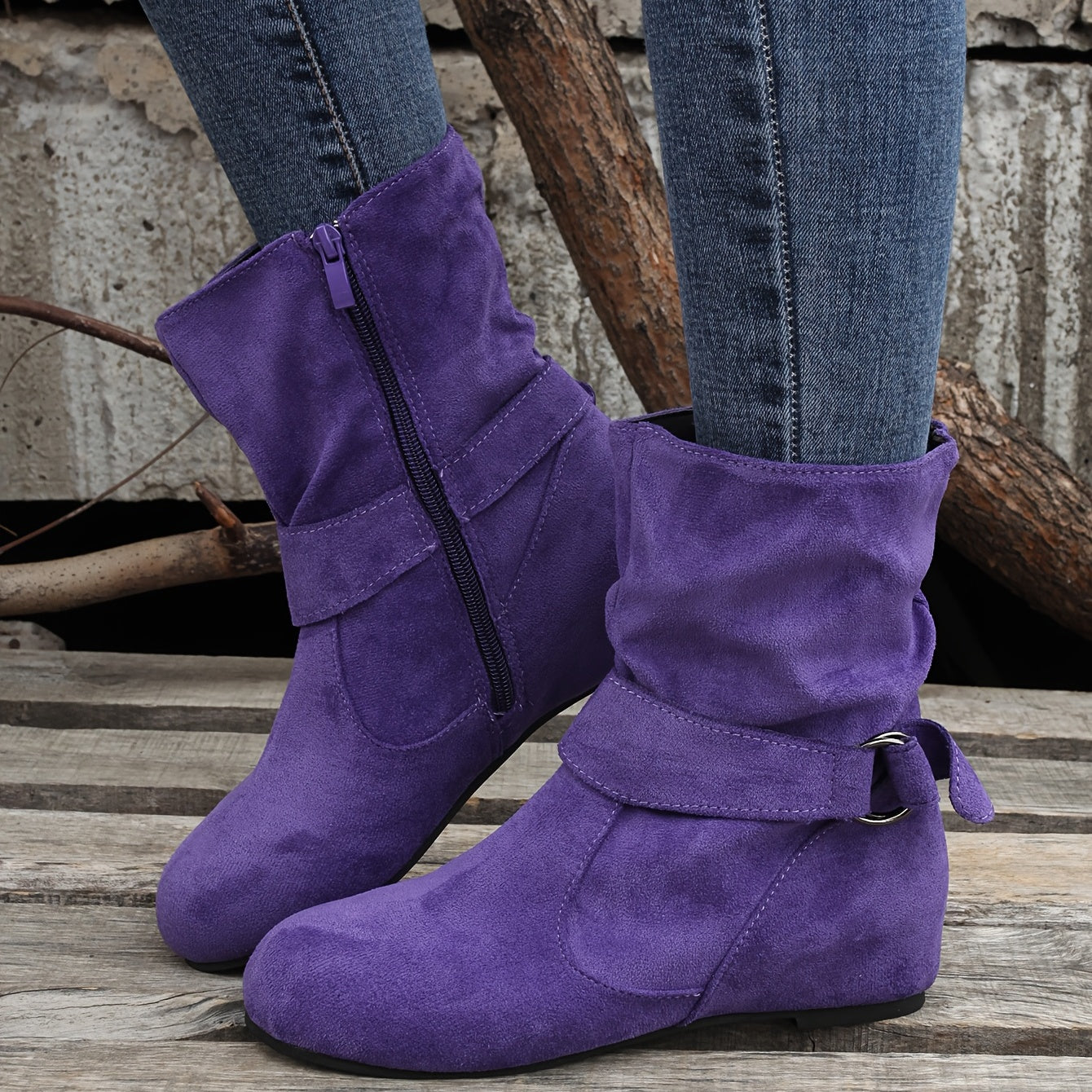 Ankle Boots  Round Toe Buckle Belt Side Zipper Boots