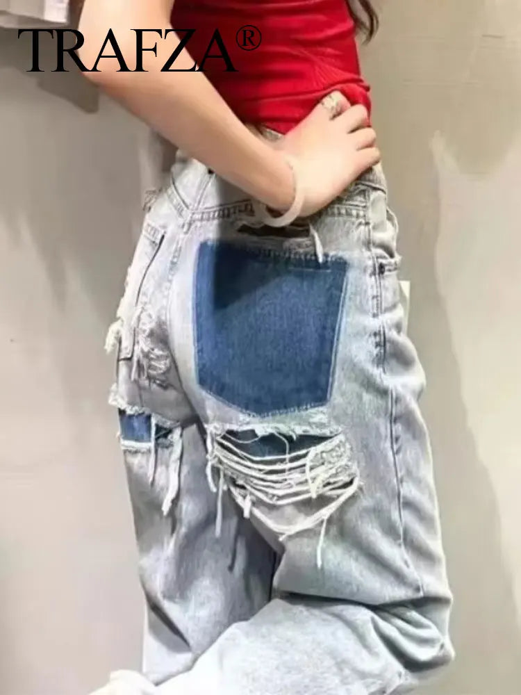TRAFZA Jeans pour femmes 2024 Denim solide ample fermeture éclair braguette femme trou pantalon poches sauvage basique trajet femme jambe large pantalon long 